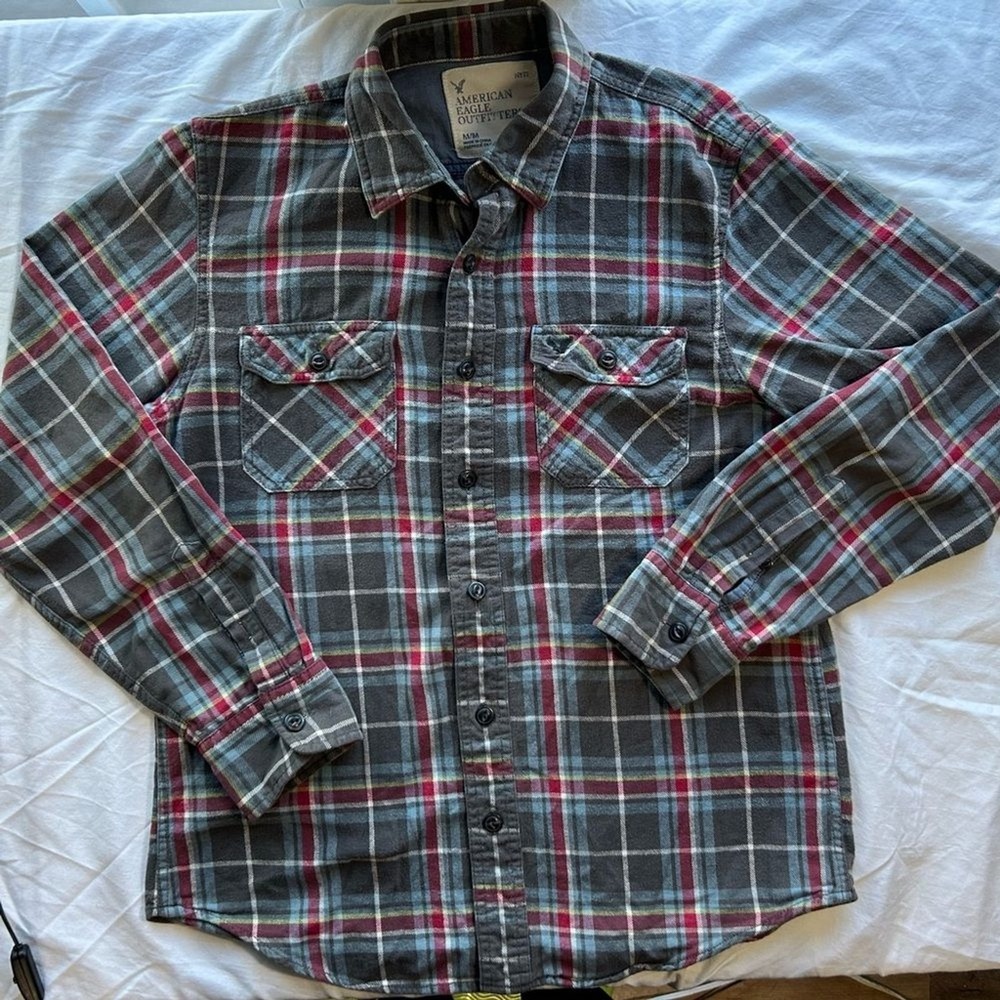 American Eagle Mens Medium Plaid Flannel Shirt Button‎ Up Long Sleeve